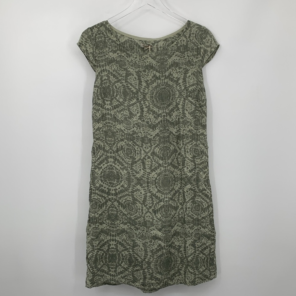 Lina Tomei linen shift dress Olive green tribal print stretch panel Italy new M